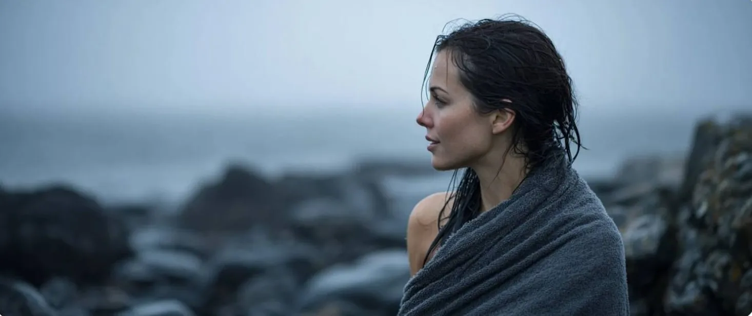 A woman on the shore at dawn, looking at the sea