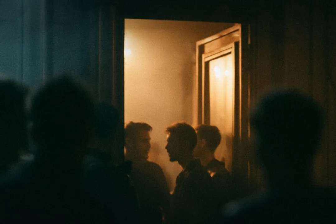 Dark figures in a hallway, a bright open doorway ahead of them.